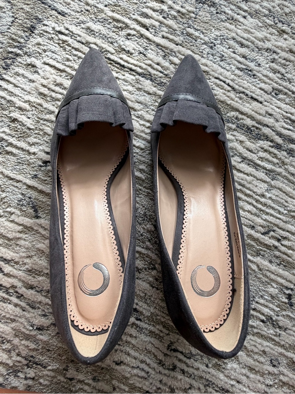 Pointed Toe Grey Suede Flats with Fringe Detail